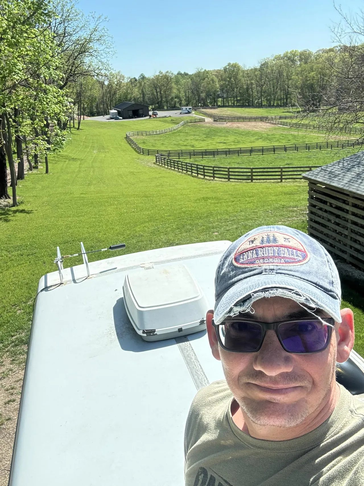 Brian from Wayfare Mobile RV Repair on an RV roof during a mobile roof inspection in Harford County, Maryland.